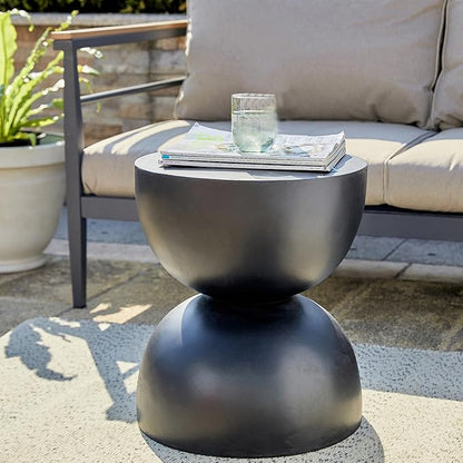 Glitzhome Outdoor Side Table, Round Accent End Table, Lightweight Hourglass Faux Terrazzo Decorative Garden Stool, 17.75" H Black Planter Stand for Patio Porch Balcony Living Room