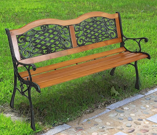 JOYBASE 50" Outdoor Patio Bench, Wood and Iron Garden Bench for Park Porch Outside Yard (Black&Natural)