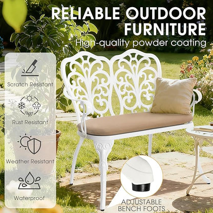 Outdoor Bench with Cushion, Cast Aluminum Double Seating with Backrest and Armrests, Mental Outdoor Furniture for Patio, Porch, Garden, Park, White Butterfly