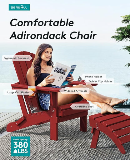 SERWALL Adirondack Chair with Cup Holders - Composite Adirondack Chairs Set of 2 HDPE Outdoor Chairs All Weather Use- Dark Red