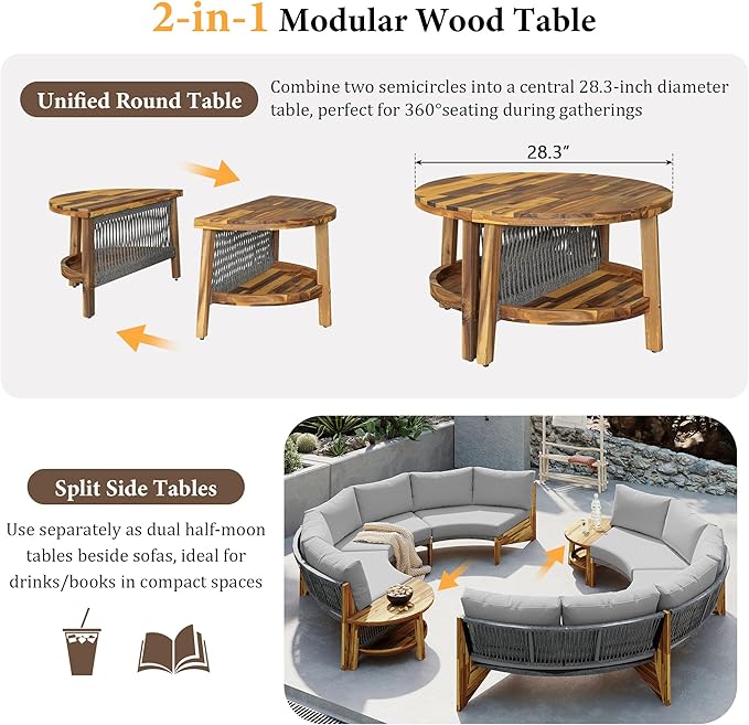 Quarte Outdoor Acacia Wood Round Sofa Set, Sectional Sets with Coffee Table, 6-Person Seating Group for Garden - Photo 5