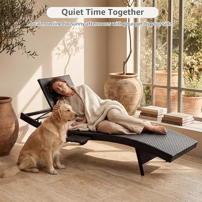 Set of 4 Dark Brown Outdoor Chaise Lounge Chairs, Wicker Patio Lounge Chairs with Adjustable Backrest and Wheels, Durable PE Rattan Pool Chair for Patio, Poolside and Garden