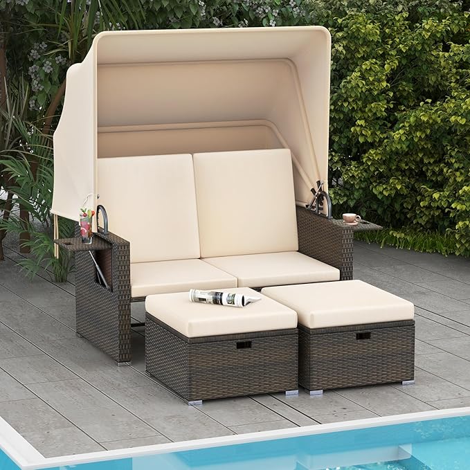 RELAX4LIFE Wicker Outdoor Daybed with Canopy - Rattan Loveseat Sofa Set w/Storage Ottomans, Adjustable Back - Photo 2