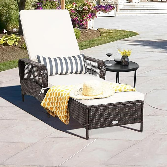 HAPPYGRILL PE Rattan Lounge Chair Set of 2, Outdoor Recliner Patio Chaise Lounger with Extra Waist Pillow, Reclining Chair with 6 Adjustable Gears for Outdoor Beach Pool Backyard