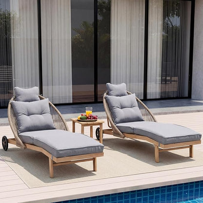 Lounge Chair Outdoor Set of 2 Chaise Lounger, Rope Lounge Chair Patio Chairs with Cushion & Backrest, Outdoor Chaise Lounges for Backyard, Poolside, Patio, Garden, Grey