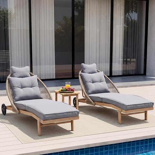 Lounge Chair Outdoor Set of 2 Chaise Lounger, Rope Lounge Chair Patio Chairs with Cushion & Backrest, Outdoor Chaise Lounges for Backyard, Poolside, Patio, Garden, Grey