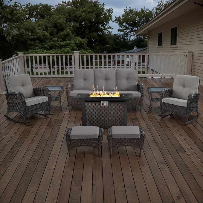 Belord Patio Furniture Set with Fire Pit Table - 8 Piece Outdoor Wicker Furniture Set with 43" 50000 BTU Propane Fire - Photo 2
