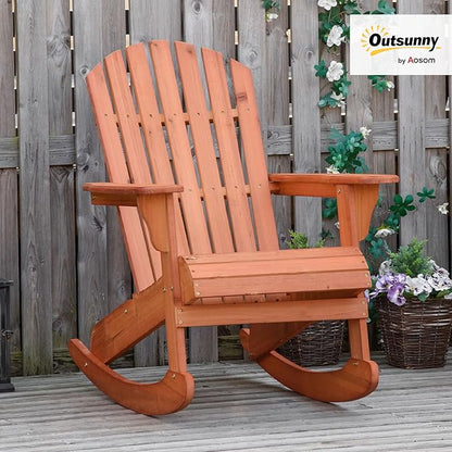Outsunny Wooden Adirondack Rocking Chair Outdoor Lounge Chair Fire Pit Seating with Slatted Wooden Design, Fanned Back, & Classic Rustic Style for Patio, Backyard, Garden, Lawn, Teak