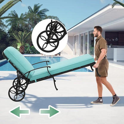 Chaise Lounge Chair Outdoor- Patio Pool Chairs Tanning Lounges for Outside Beach Lounger Cast Aluminum with Cyan Cushion 1Pack