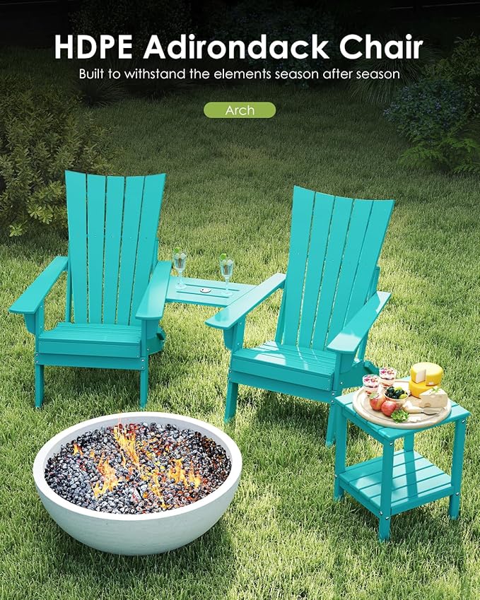 GREENVINES Folding-Adirondack-Chairs-Set-of-2 | HDPE Plastic | Arch Series | Fire Pit Chair | with Connecting Tray | Removable Table | All Weather | for Outdoor Patio Deck Poolside | Aqua