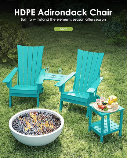 GREENVINES Folding-Adirondack-Chairs-Set-of-2 | HDPE Plastic | Arch Series | Fire Pit Chair | with Connecting Tray | Removable Table | All Weather | for Outdoor Patio Deck Poolside | Aqua