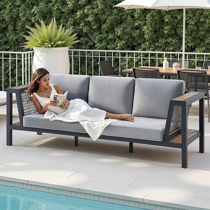 2 Piece Aluminum Patio Sofa with Storage Armrest & Water-Resistant Cushions, 6-Seat Outdoor Couch with Rattan Mesh Sides - Photo 8