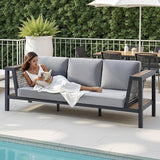 2 Piece Aluminum Patio Sofa with Storage Armrest & Water-Resistant Cushions, 6-Seat Outdoor Couch with Rattan Mesh Sides - Photo 8