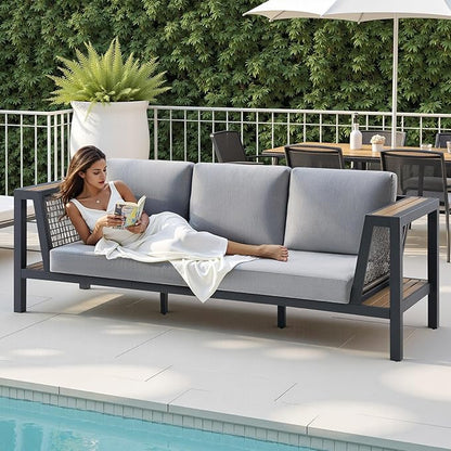 2 Piece Aluminum Patio Sofa with Storage Armrest & Water-Resistant Cushions, 6-Seat Outdoor Couch with Rattan Mesh Sides, L-Shaped Modern All-Weather Furniture for Deck, Lawn or Balcony