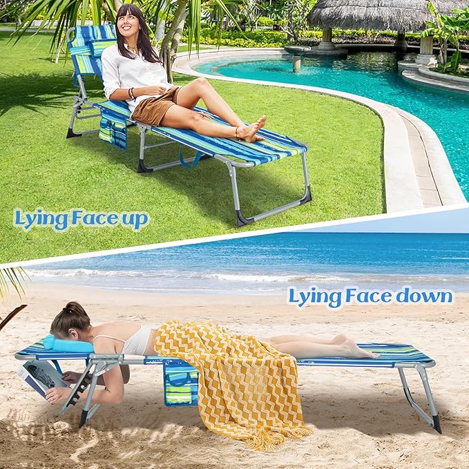 GYMAX Tanning Chair, Folding Lounger with Face/Arm Holes, Carry Handles & Side Pocket - Photo 3