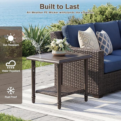 Wicker Outdoor Side Table, Heavy Duty Iron Patio Table for Porch Balcony Deck Garden Poolside