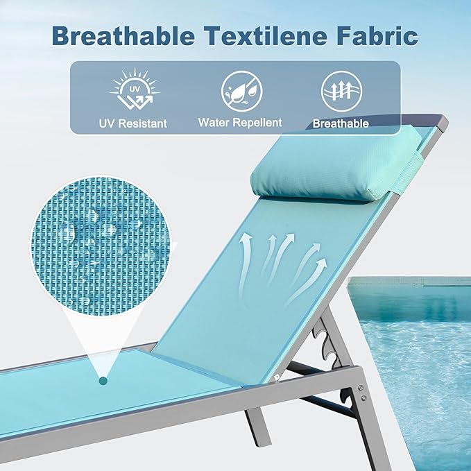 Domi Patio Chaise Lounge Set, Aluminum Pool Lounge Chairs with 5 Adjustable Position, Breathable Textilene Fabric, Sunbathing Pool Chairs with Headrest and Side Table, Turquoise Blue