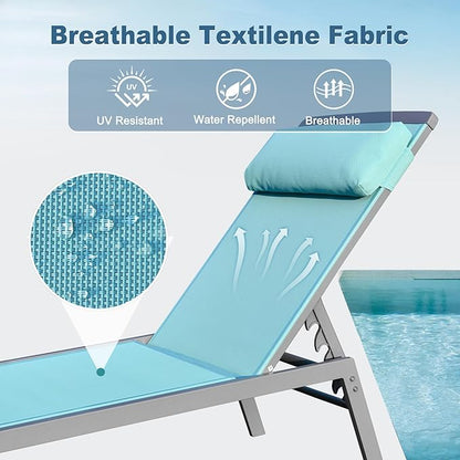 Domi Patio Chaise Lounge Set, Aluminum Pool Lounge Chairs with 5 Adjustable Position, Breathable Textilene Fabric, Sunbathing Pool Chairs with Headrest and Side Table, Turquoise Blue