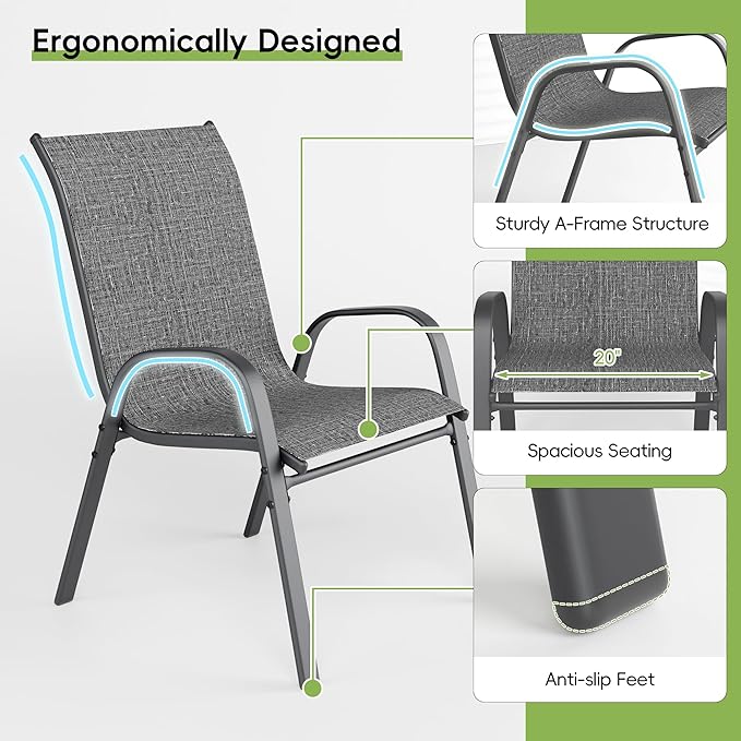 Patio Chairs, Stackable Outdoor Dining Chairs for All Weather, Metal Modern Outside Furniture Chair for Pool Side, Garden, Backyard Deck, Set of 4, Dark Grey