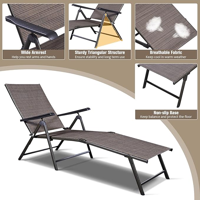 S AFSTAR Patio Chaise Lounges, Outdoor Reclining Lounge Chairs with Adjustable Backrest & Heavy Duty Steel Frame, Recliner Chair for Poolside Lawn Backyard (1)