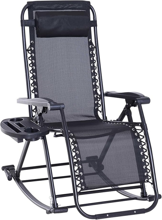Outsunny Outdoor Rocking Chairs, Foldable Reclining Zero Gravity Lounge Rocker with Pillow, Cup & Phone Holder, Combo Design with Folding Legs, Black