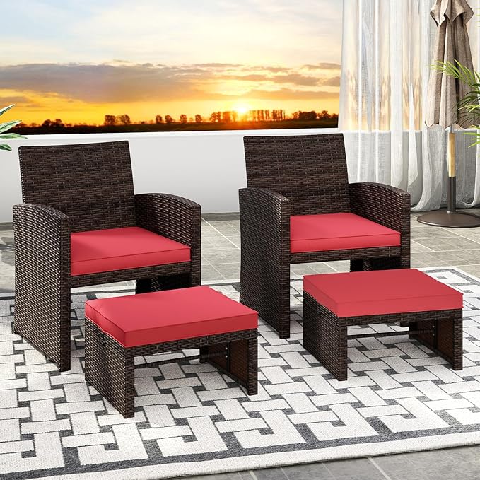 RELAX4LIFE Wicker Outdoor Ottoman Set of 2 - Rattan Footstools Foot Rest w/Removable Cushions, Multipurpose Side Table & Additional Seating, Outdoor Ottomans for Patio Garden Porch (Brown-Red)