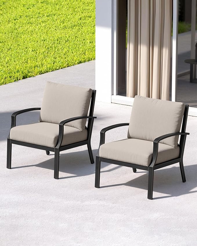 Outdoor Sofa Chair Set of 2, Never-Rust Aluminum Patio Club Chairs, Deep-Seating Patio Sofa Armchair with Thick Cushion, Outdoor Single Chairs for Garden, Deck, Indoor, Poolside, Dark Bronze