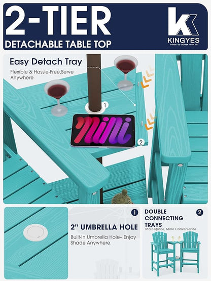 KINGYES Tall Adirondack Chair Set of 4, HDPE Tall Adirondack Barstools with Double Connecting Trays, Embossed Bar Height Adirondack Chair for 2, All Weather Resistant Balcony Adirondack Chairs, Aruba