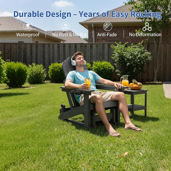 HDPE Outdoor Glider Chair Set of 2,3-Position Adjustable Backrest Patio Glider, All-Weather Glider Rocker Chair with Cup Holders,Porch Glider for Outside,Fire Pit, Poolside,400LBS Capacity (Black)