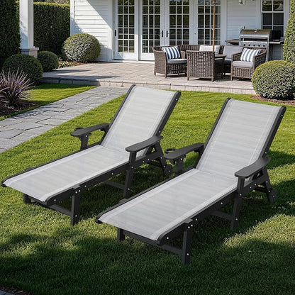 Outdoor Chaise Lounge Chair with Table Set of 3, 5-Position Adjustable Pool Lounge Chair with Wheels & Cup Holder, HDPE Patio Lounge Chair with Textilene Surface for Outside, Poolside & Beach