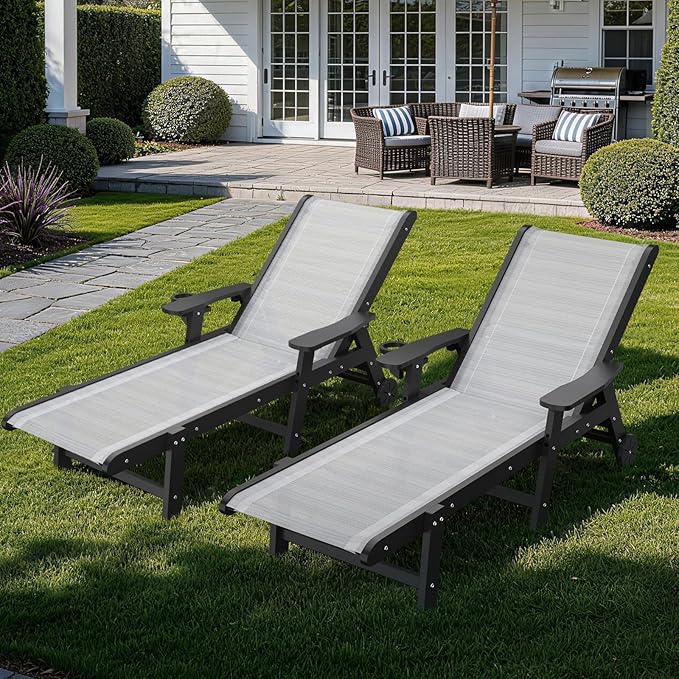 Outdoor Chaise Lounge Chair with Textilene Surface, 5-Position Adjustable Pool Lounge Chair with Wheels & Cup Holder - Photo 7