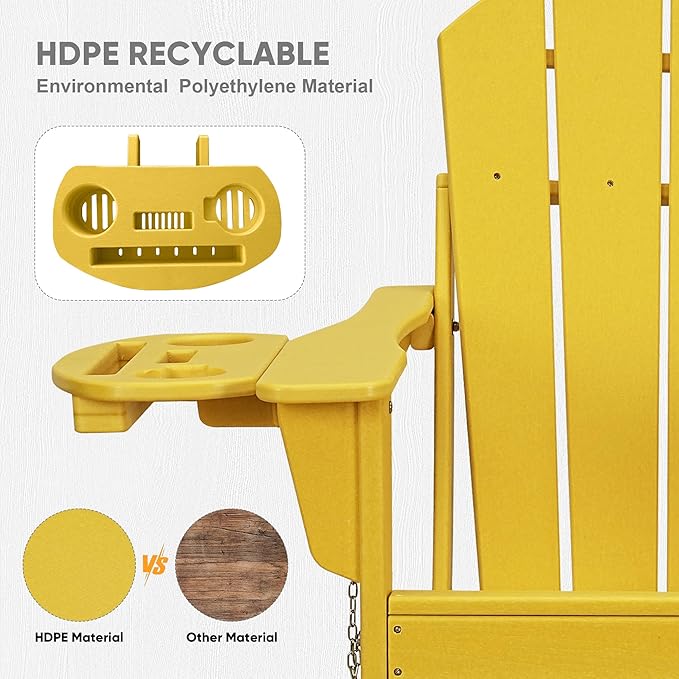 FOOWIN Folding Adirondack Chair Set of 2, HDPE Adirondack Chairs with Cup Holder, Weather Resistant Plastic Fire Pit Chairs for Outdoor, Patio, Lawn, Garden, Backyard, Deck, Yellow