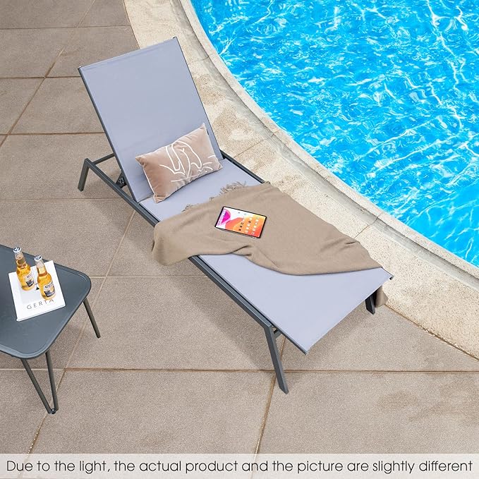 Tangkula Outdoor Adjustable Chaise Lounge Chair Set of 2, Patio 6-Position Recliner with Lay Flat Position and Quick-Drying Fabric, Outdoor Chaise Lounge for Poolside, Backyard (2, Grey, Large)