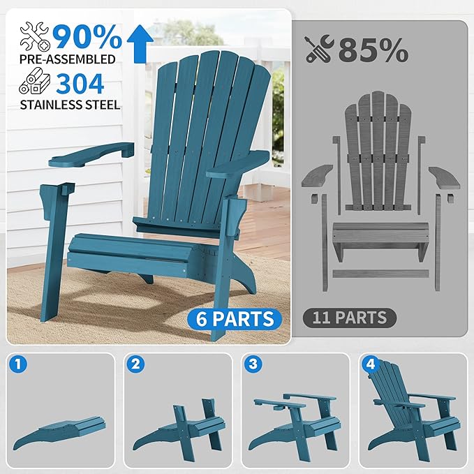 Psilvam Adirondack Chair, Oversized Poly Lumber Fire Pit Chair with Cup Holder, 350Lbs Support Patio Chairs for Garden, Weather Resistant Outdoors Seating, Relaxing Gift for Father & Mother (1,Blue)