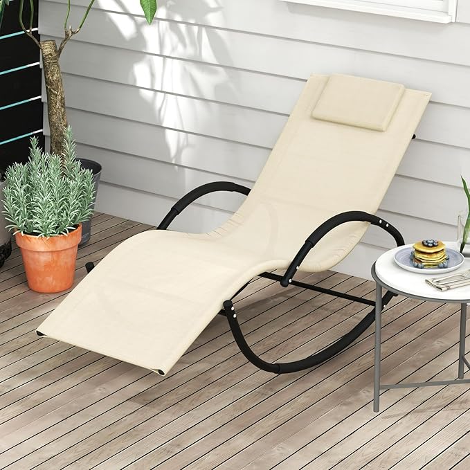 Tangkula Rocking Lounge Chair Outdoor, Zero Gravity Chaise Lounger with Removable Headrest, Fabric Backrest & Seat - Photo 2