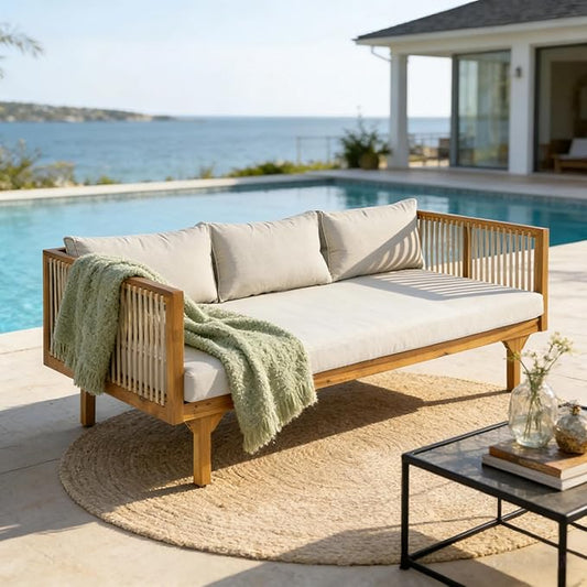 Merax Acacia Wood Outdoor Patio Loveseat Sofa w/Coushion and & Light Brown Rope, 3-Seater Sofa Daybed for Backyard, Lawn, Deck, Balcony, Water Repellent Fabric, 600 lbs Capacity,Teak +Light Gray