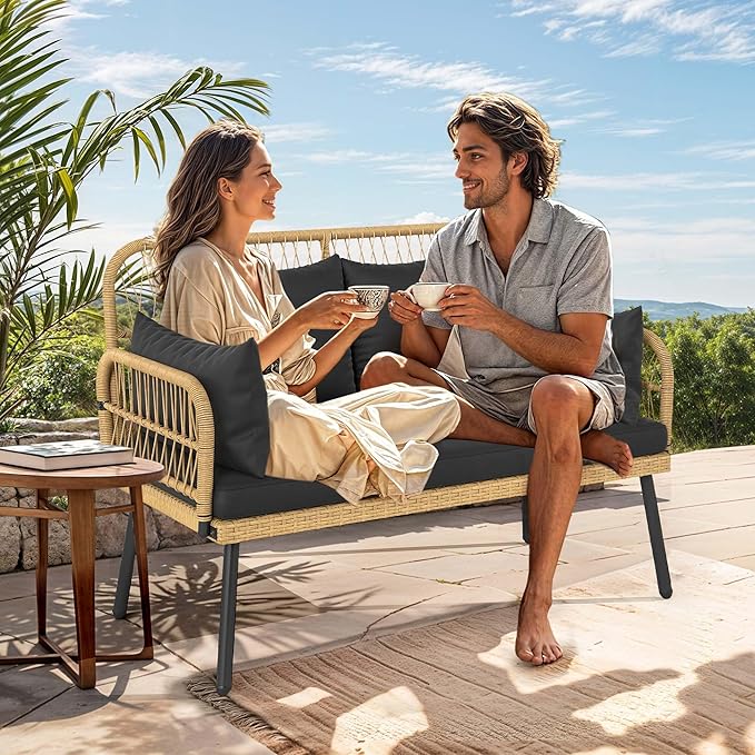 DWVO Outdoor Loveseat, Patio Wicker Furniture Set with Cushion & Adjustable Feet, Patio Couch for Garden, Balcony - Photo 8