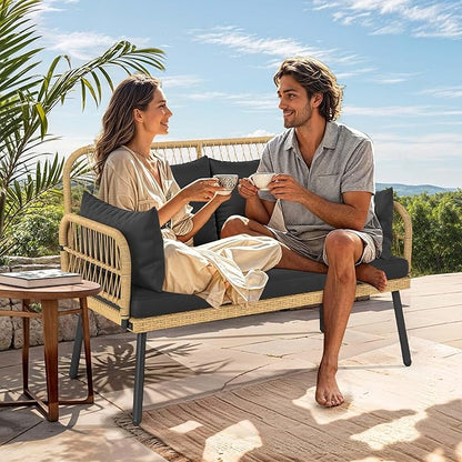 DWVO Outdoor Loveseat, Patio Wicker Furniture Set with Cushion & Adjustable Feet, Patio Couch for Garden, Balcony, and Porch, Black