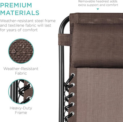 Best Choice Products Set of 2 Adjustable Steel Mesh Zero Gravity Lounge Chair Recliners w/Pillows and Cup Holder Trays - Brown