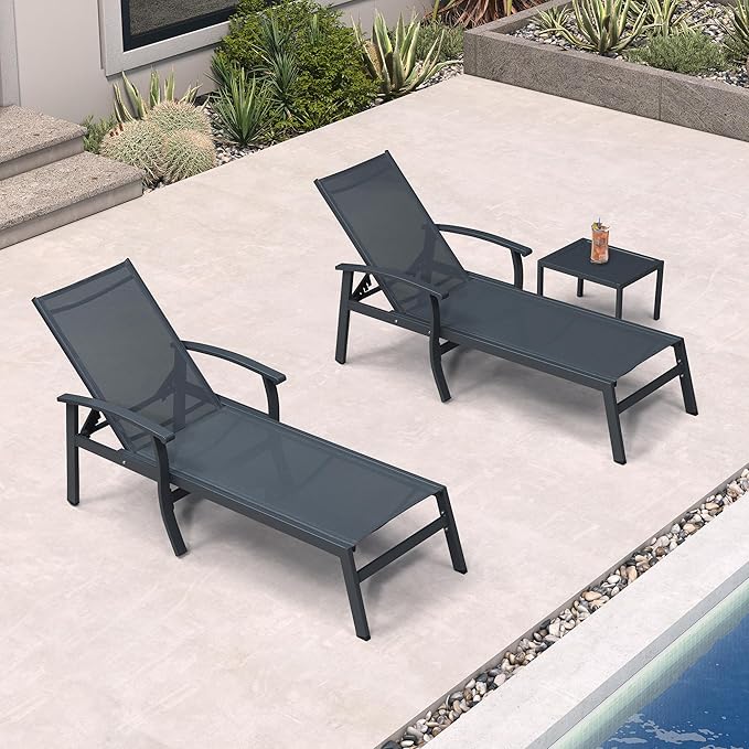 PURPLE LEAF Chaise Lounge Chair Outdoor 2 Pieces Pool Lounge Chairs 5 Adjustable Position with Armrests and Side Table, Aluminum Patio Lounge Chair for Outside, Backyard, Pool, Grey