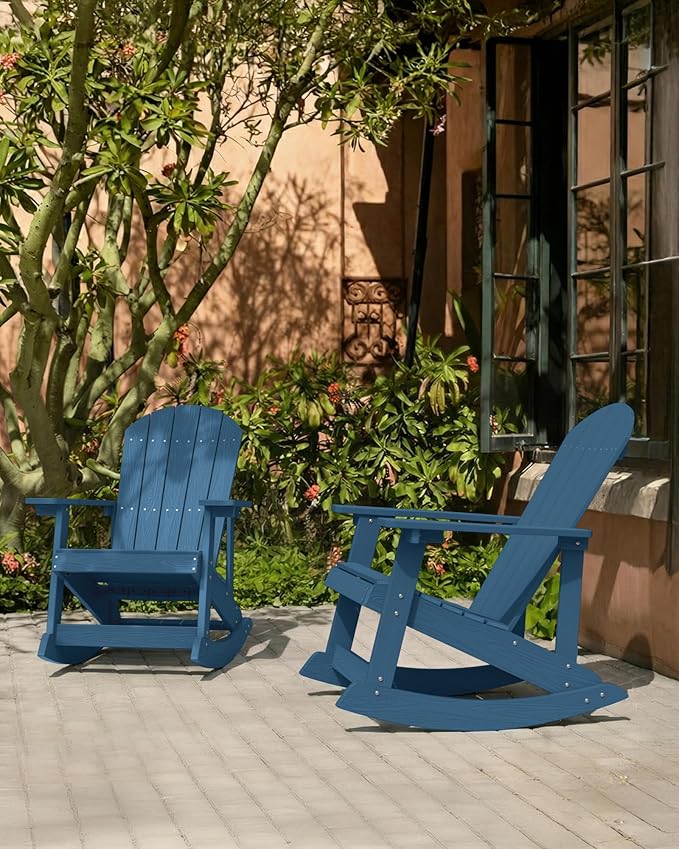 YEFU Outdoor Rocking Chair,Adirondack Rocking Chair,Patio Rocker Chair with Wide Back,Oversized Rocker Chair Look Like Real Wood, for Lawn, Porch, Backyard, Indoor and Garden(Navy Blue)