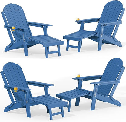 YEFU Adirondack Chair with Retractable Ottoman: Adjustable Folding Adirondack Chairs Set of 4 - Fire Pit Chairs with Cup Holder - Sturdy HDPE Plastic All Weather for Outdoor/Patio/Fire Pit/Pool(Blue)