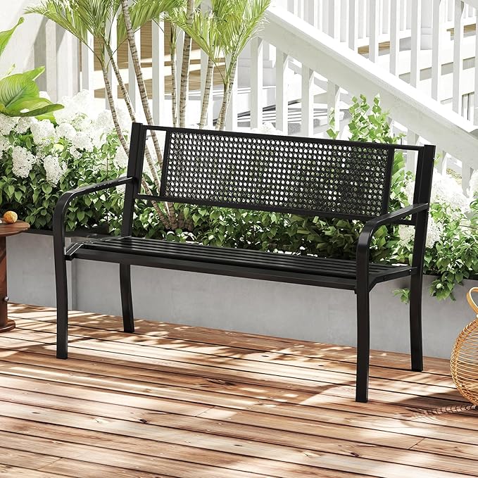 Tangkula Metal Patio Park Bench, 50 Inches Outdoor Garden Bench with Patterned Backrest and Curved Armrests, 2-3-Person Patio Bench, Outdoor Metal Loveseat Chair for Porch, Lawn, Park