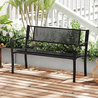 Tangkula Metal Patio Park Bench, 50 Inches Outdoor Garden Bench with Patterned Backrest and Curved Armrests, 2-3-Person Patio Bench, Outdoor Metal Loveseat Chair for Porch, Lawn, Park