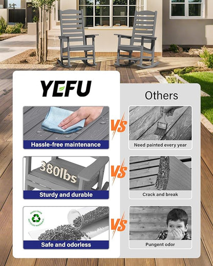 YEFU Outdoor Rocking Chair Set of 2,Poly Porch Rocker with Curved Backrest,All Weather Patio Rocking Chair,Like Real Wood,for Indoor,Lawn, Backyard,Garden,Heavy Duty,Weight Capacity 380lbs(Grey)