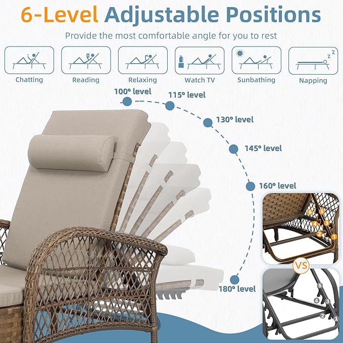 Outdoor Chaise Lounge Chair Set of 2, PE Wicker Recliner Patio Reclining Sunbathing Chair with Cushion - Photo 7