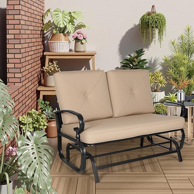 Incbruce Outdoor Glider Rocking Chair Patio Glider Bench for 2 Person, Porch Loveseat Seating Patio Steel Frame Chair Set with Cushion for Porch, Patio, Garden (Brown)