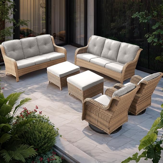 Rilyson Patio Furniture Swivel Chairs Set - 6 PC Wicker Rattan Outdoor Sectional Conversation Sets with 2 Rocking Chair - Photo 8