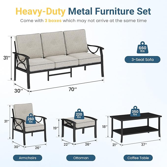 Outdoor Patio Furniture Set, 7 Seats Outdoor Patio Set with 4" Thick Cushion, All-Weather Metal Patio Sofa with Coffee Table, Outdoor Sectional Furniture for Porch Backyard Deck Yard, Black&Beige