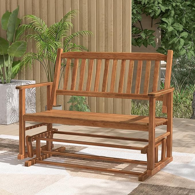 Tangkula 2 Person Outdoor Glider Bench, Poplar Wood Patio Swing Glider Loveseat with Armrests, Slatted Seat & Backrest - Photo 4